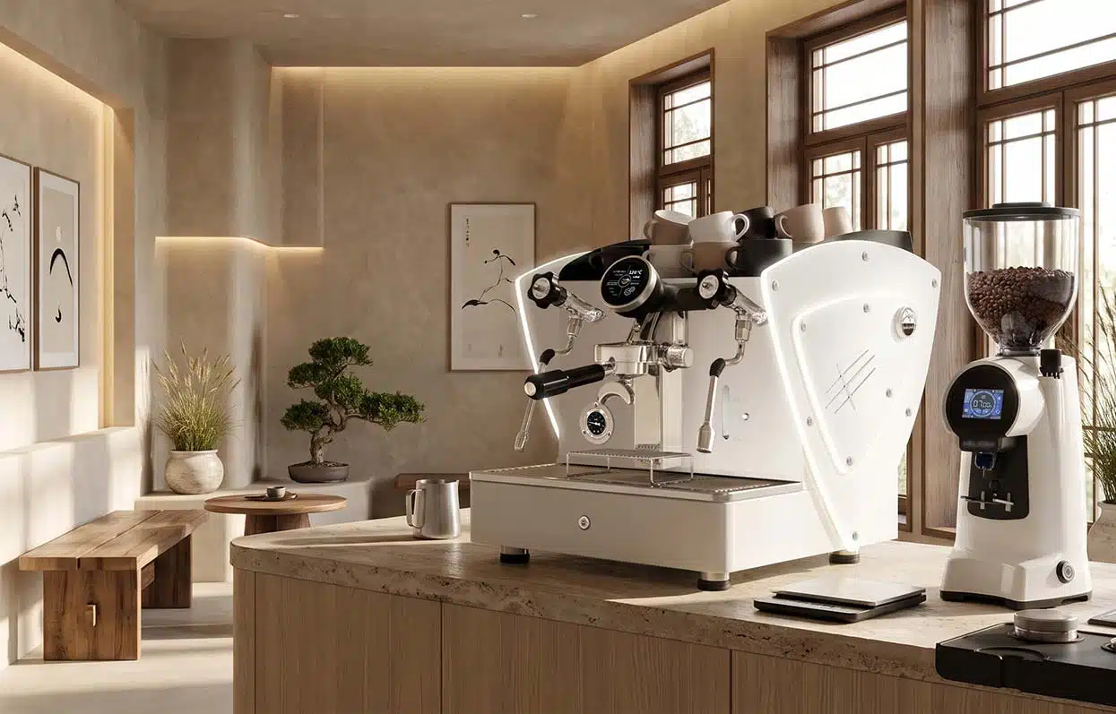 Etnica Evolution 1 grupo E61 con pantalla táctil blanca Orchestrale Maquinas de Cafe Espresso Profesional con Molino de cafe Eureka Helios 65