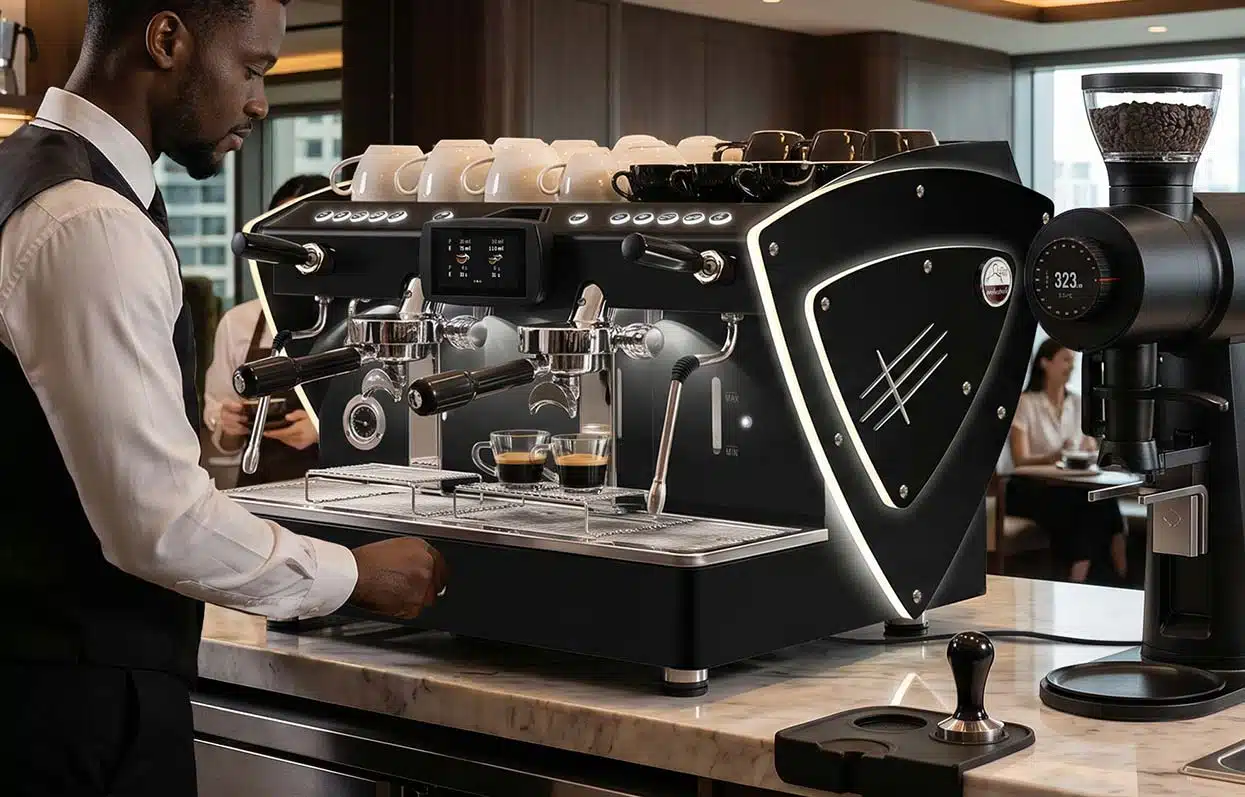 Etnica Evolution 2 grupos E61 con pantalla táctil negra Orchestrale Maquinas de Cafe Espresso Profesional con Molino de cafe Mahlkonig EK Omnia
