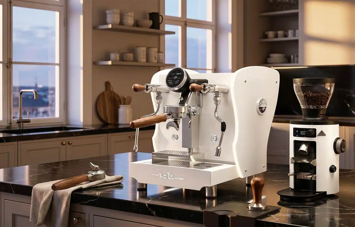Nota Evolution 1 grupo E61 con pantalla táctil blanca y madera Orchestrale Maquinas de Cafe Espresso Profesional con Molino de cafe Mahlkonig X54
